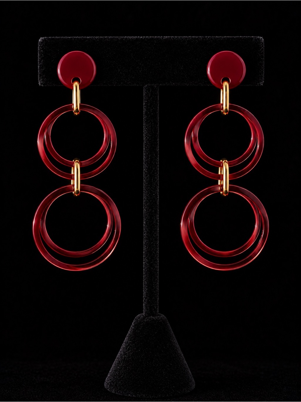 Dark Red Double Hoop Drop Earrings with Gold Accents